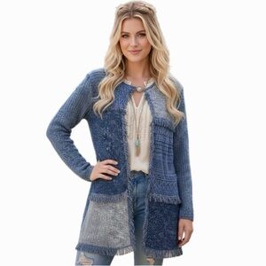 ALFRED DUNNER Tweed Patchwork Cardigan Womens Size Small Sweater Cottage Blue